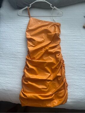 Forever 21 One-Shoulder Orange Ruched Slip Dress